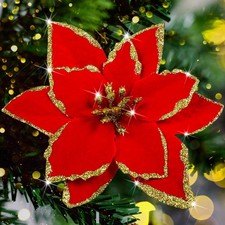 12Pcs Poinsettia Flower Artificial Poinsettia with Stem Christmas Decor Glitt...