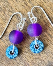Beachy Silver, Blue and Purple Sea Glass Bead Dangle Earrings