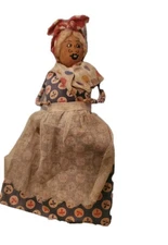 antique folk art black doll hand made with nut head  1940's headscarf apron