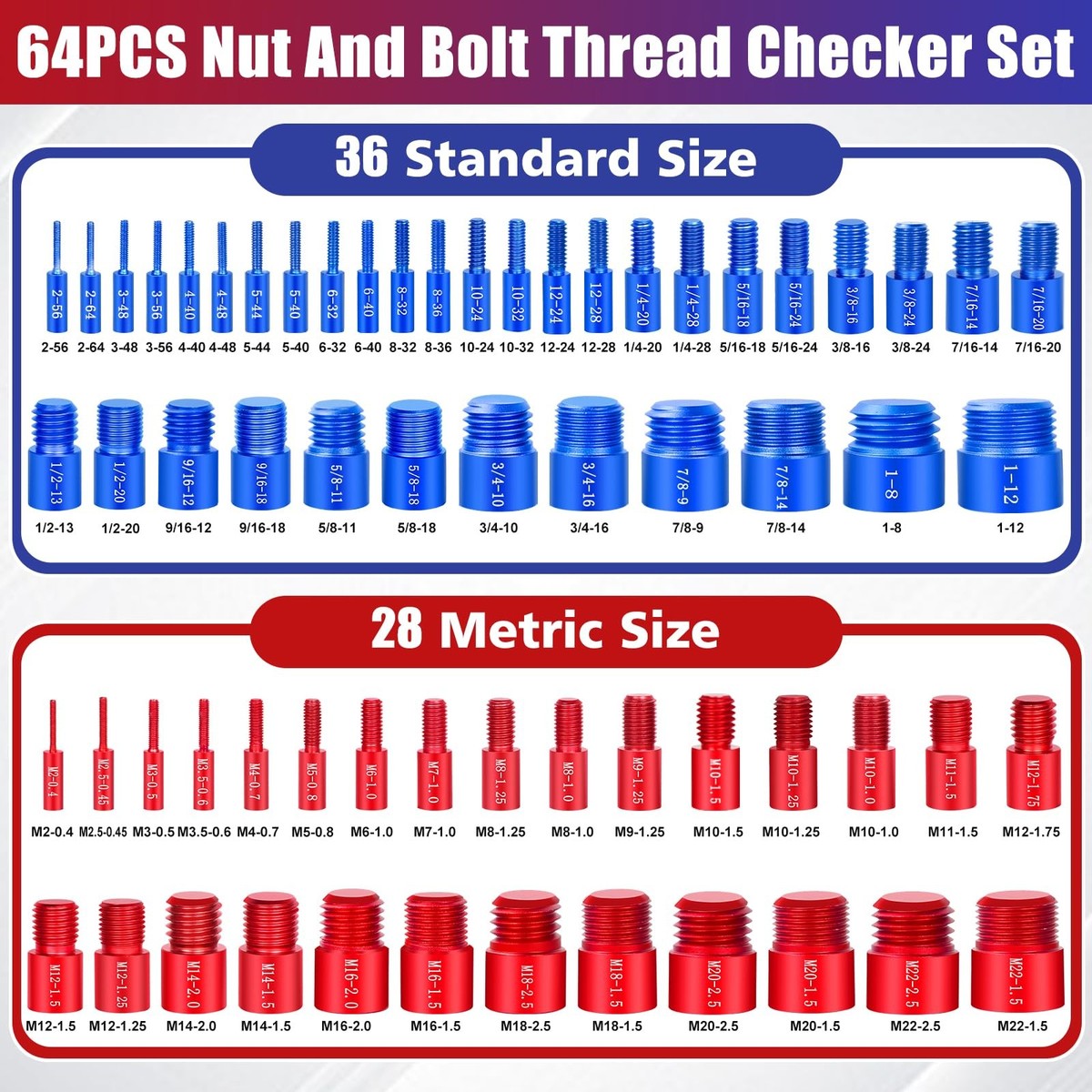 Thread Checker Gauge Set Bolt Measuring Tool 44PCS Nut And Bolt Thread ...