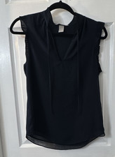 H&M Black Chiffon Sheer V-Neck Sleeveless Ruf...