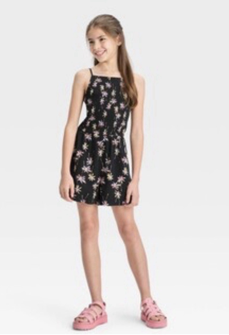 Art Class Black Smocked Top Palm Tree Romper Girls L (10/12)