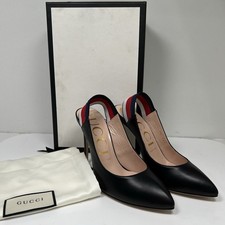 GUCCI WEB SLINGBACK BLACK LEATHER 3.25" HEELS PUMP SHOES 37.5 / US 8.5