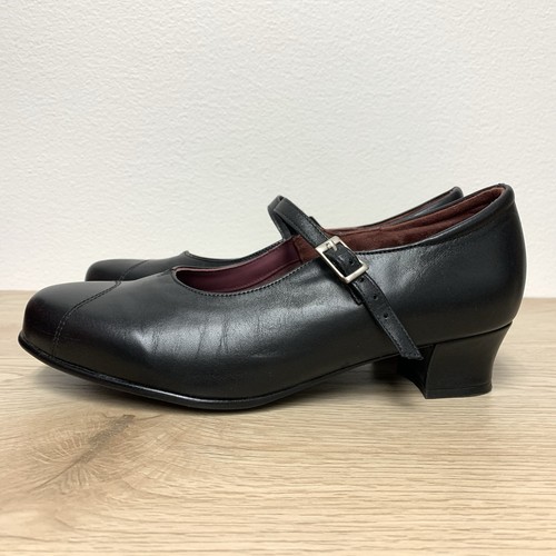 Kumfs Mary Jane Heels Size 39.5 W Wide Black Leather Comfort Low Block Heel - Picture 2 of 11