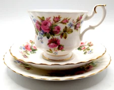 Royal Albert Porcelain Trio of Cup Saucer Desert Plate Montrose Shape Moss Rose