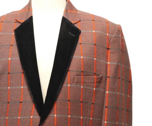 Mens Blazer Orange Brown Plaid Wool Velvet Formal Tuxedo Jacket Sport Coat 46R - Picture 4 of 7