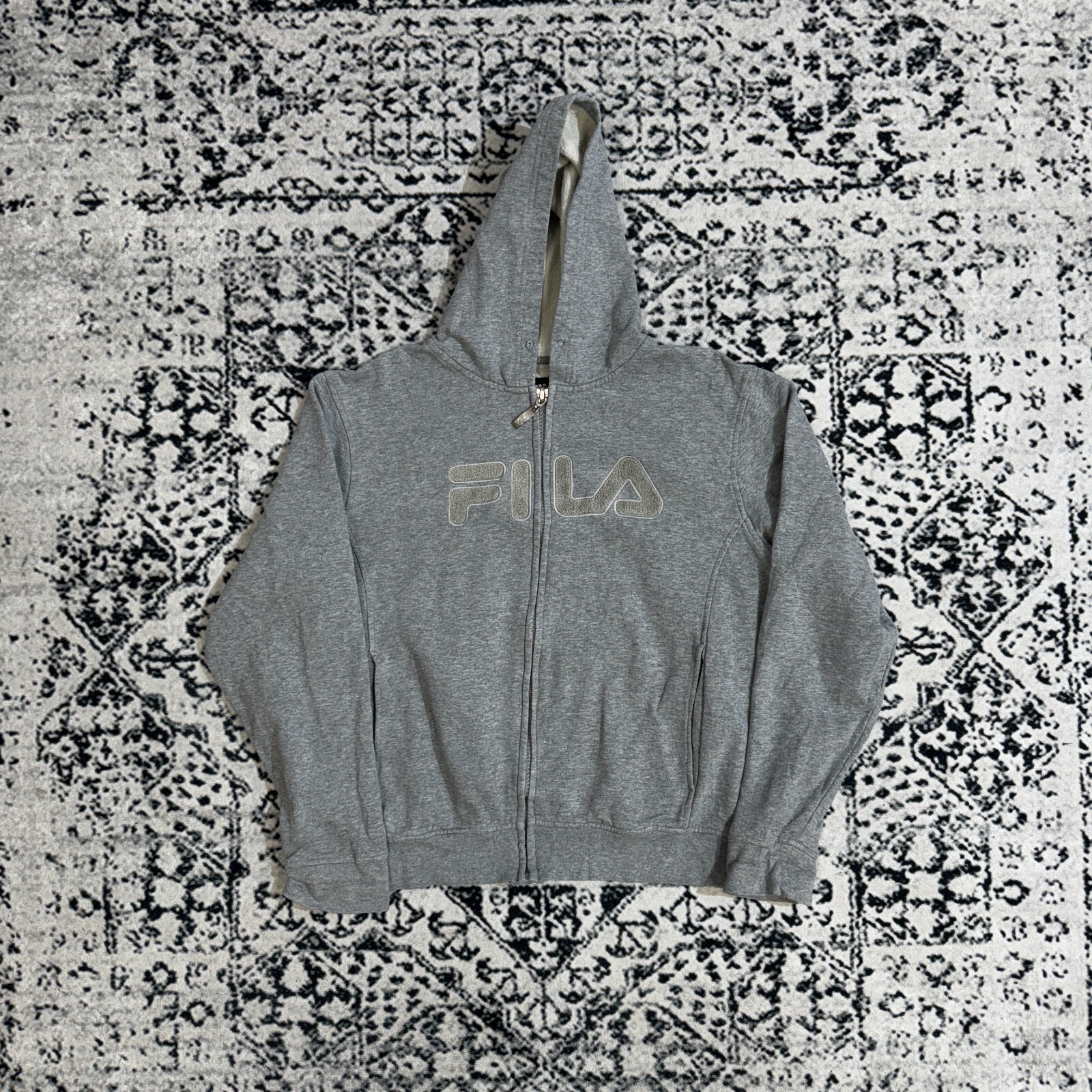 Felpa con cappuccio vintage Fila unisex grigio cotone taglia L anni 90 archivio Italia Y2K vestibilità regolare