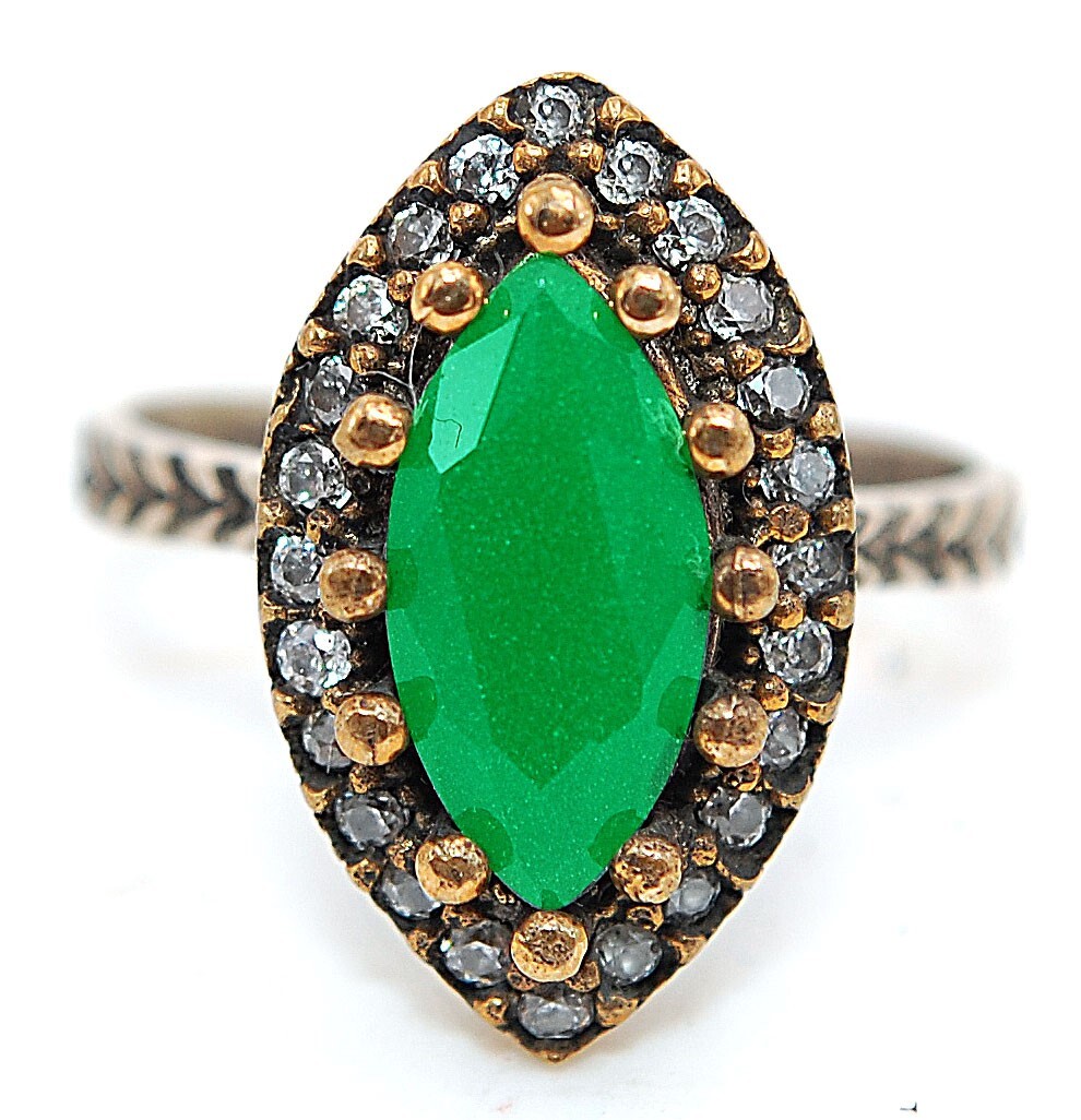 2CT Treated Emerald Ottoman Empire Style 925 Sterling Silver Ring Size 8.5 H3-9