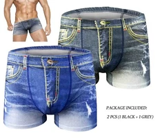2 pcs Plus Sexy Men 3D Denim Jeans Shorts Boxers Trunks Briefs Underwear Thong 