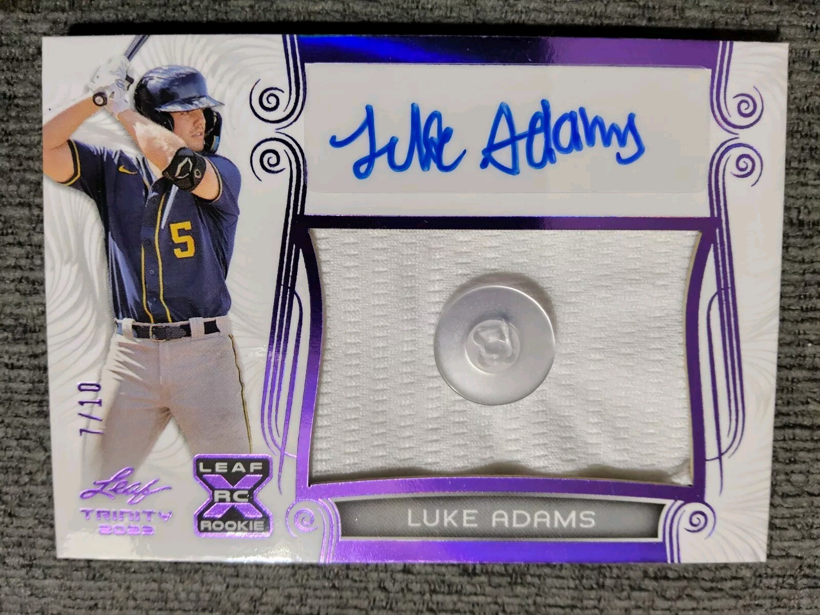 2023 Leaf Trinity XRC Luke Adams Rookie Purple Auto 7/10! Jersey Button Brewers!