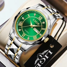 LIGE Men Watch Quartz Stainless Steel Luminous Date Green Dial Daily Wristwatch