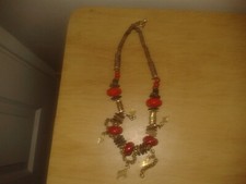 Early 2000's art deco style wood/metal/plastic statement neckace 44cm's(D12b)