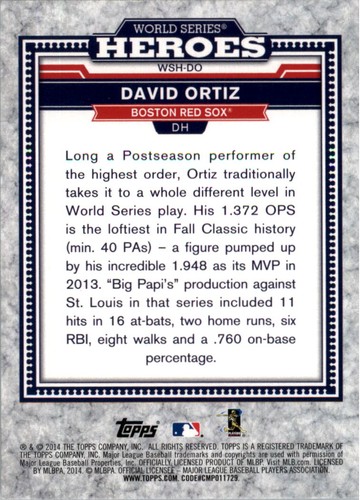 2014 Topps Update World Series Heroes #WSHDO David Ortiz - NM-MT - Picture 2 of 2