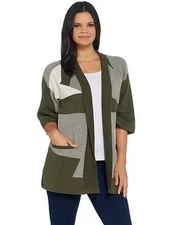 H Halston Olive Green Multi Abstract Cardigan Sweater Kimono Sleeve New