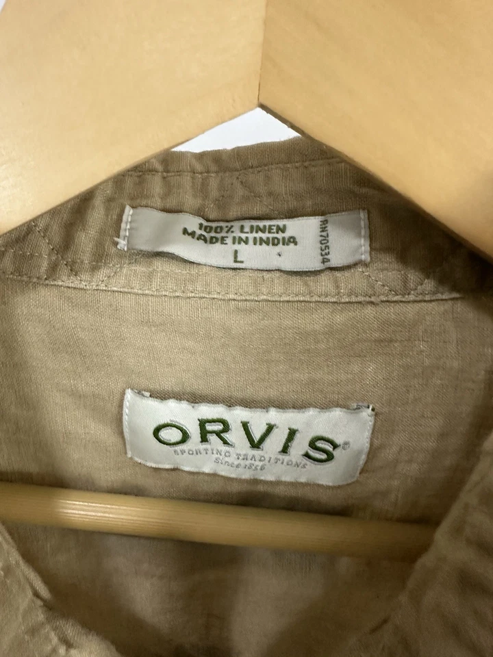 VTG Orvis 100% Linen Roll Tab Long Sleeve Button Military Army Shirt Size L - Image 3 of 4
