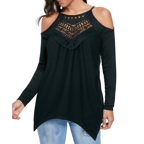 Women Lace Boho Cold Shoulder Tunic Tops T-Shirt Long Sleeve Casual Loose Blouse - Picture 7 of 16