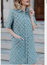 GAP~Sage Floral Eyelet Collared Button-Up Short Sleeve 2 PC Shirt Dress MEDIUM