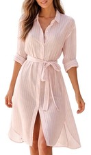 J Crew Striped Shirt Dress Midi Belted Cotton Oversized Pink White Summer NEW