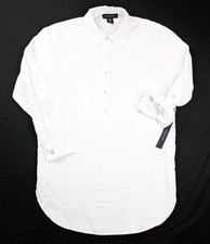 Tahari Blouse Womens S Cabana Linen Blend Shirt Tunic Long Sleeve Pullover White