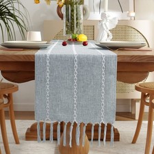 Rustic Linen Table Runner 72" Farmhouse Style with Tassels, Dusty Blue Decor
