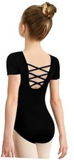 Girls Dance Ballet Leotards Short Sleeve Criss Cross Straps 6-8 Years Black