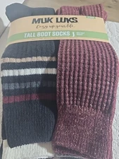 MUK LUKS WOMENS TALL BOOT SOCKS 6 PAIR WINE BLACK GRAY POLYESTER BLEND SIZE 6-10