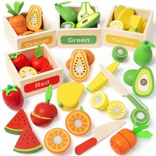 Wooden Play Food Toy Set for Kids Kitchen - 30 Pcs Montessori Cutting  Color...