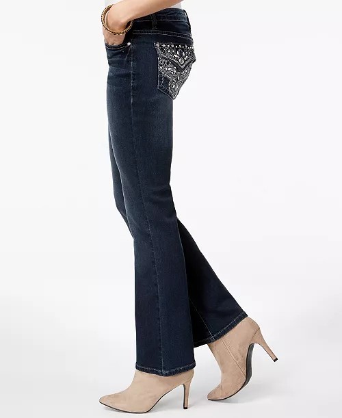 Earl Jean Bootcut Embroidered Stretch Denim Jeans Dark Blue Rhinestone 5-Pocket