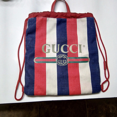 Gucci Canvas Sylvie Stripe Logo Drawstring BackpacK, PRE-OWNED , a bit faded