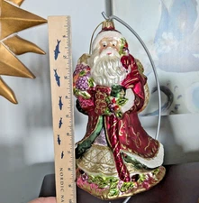Fitz and Floyd Large Glass Christmas Santa Claus Ornament Glitter 9” Tall EUC