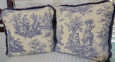 Vintage Set 15" SQ Throw Pillow Blue Toile Children French Country Cottage Trim