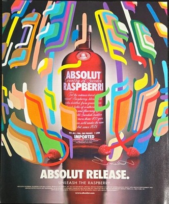 2004 Absolut Release Raspberri Vodka Kenji Hirata Pop Bar Art Bottle VTG Decor