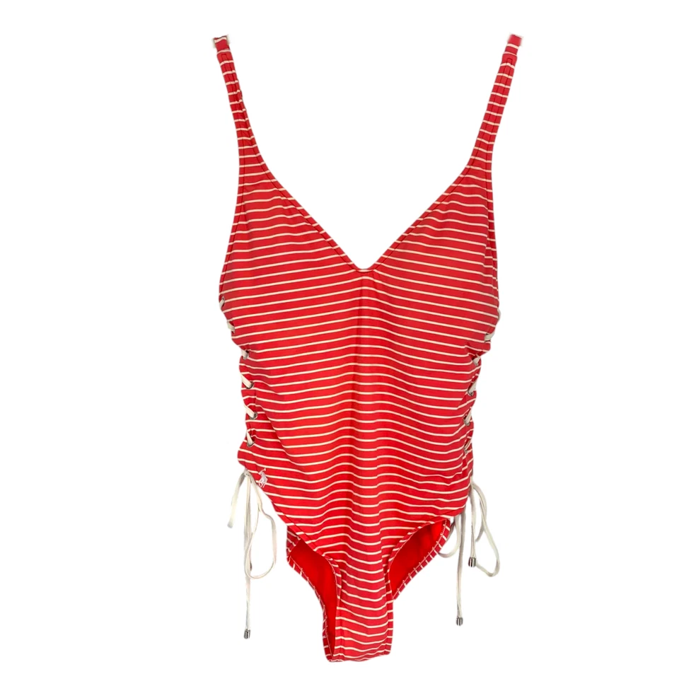 Polo Ralph Lauren Coral Stripe Nautical Lace Side One Piece Swimsuit Sz L - Image 2 of 4
