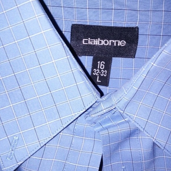 Camisa Claiborne Para Hombres Con Botones 16 32/33 Grande Manga Larga Azul A Cuadros Foto 4 de 4