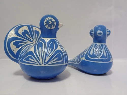 2. Vintage 1960’s Chilean Blue and White Pottery Birds Signed by Pablo Zabal