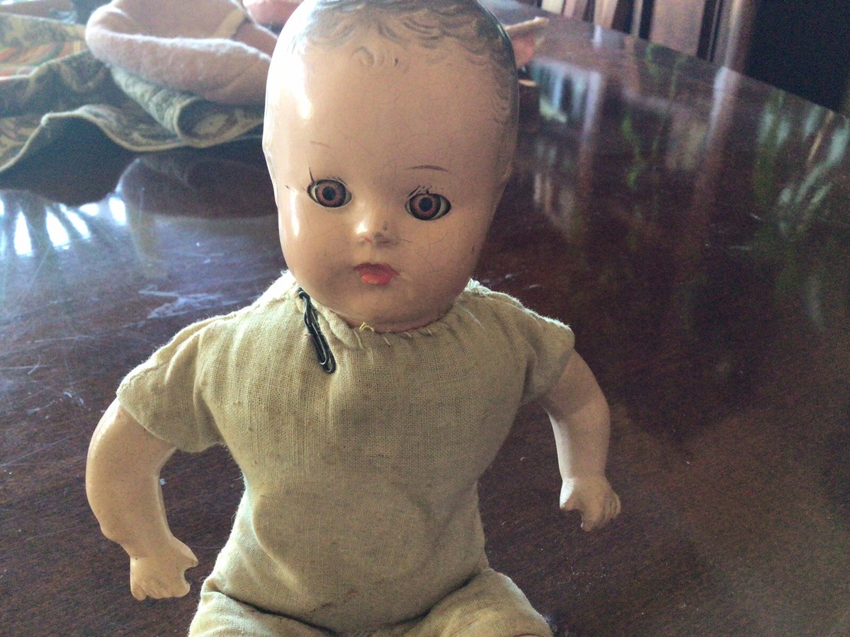 Antique 1920's 12” unmarked tin eye Composition DOLL
