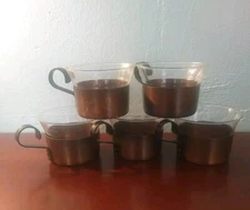 5 SCHOTT & GEN MAINZ JENA GLASS CUPS  COPPER HOLDERS w/ BRASS HANDLES - GERMANY