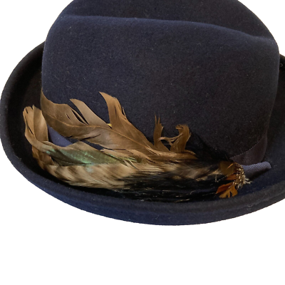 Vintage Geo W Bollman & Co Doeskin Felt 100% Wool Navy Blue Hat w/Feather Design Vintage Blue Hat Geo W. Bollman & Co. Doeskin Felt 100% Wool  main image 4