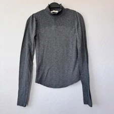 We The Free Smocked Mock Neck Long Sleeve Top Gray Casual Tee Size Small