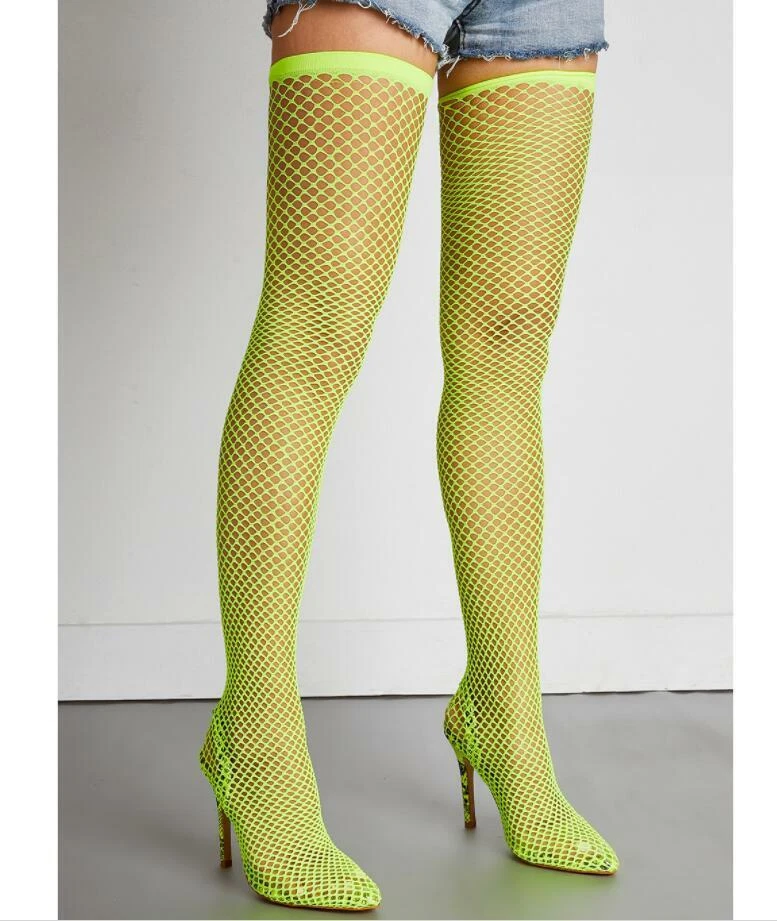 Neon yellow fishnet heels deals