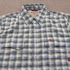 Simms Fishing Shirt Mens Large Blue Plaid Pearl Snap Cor3 Cape Back