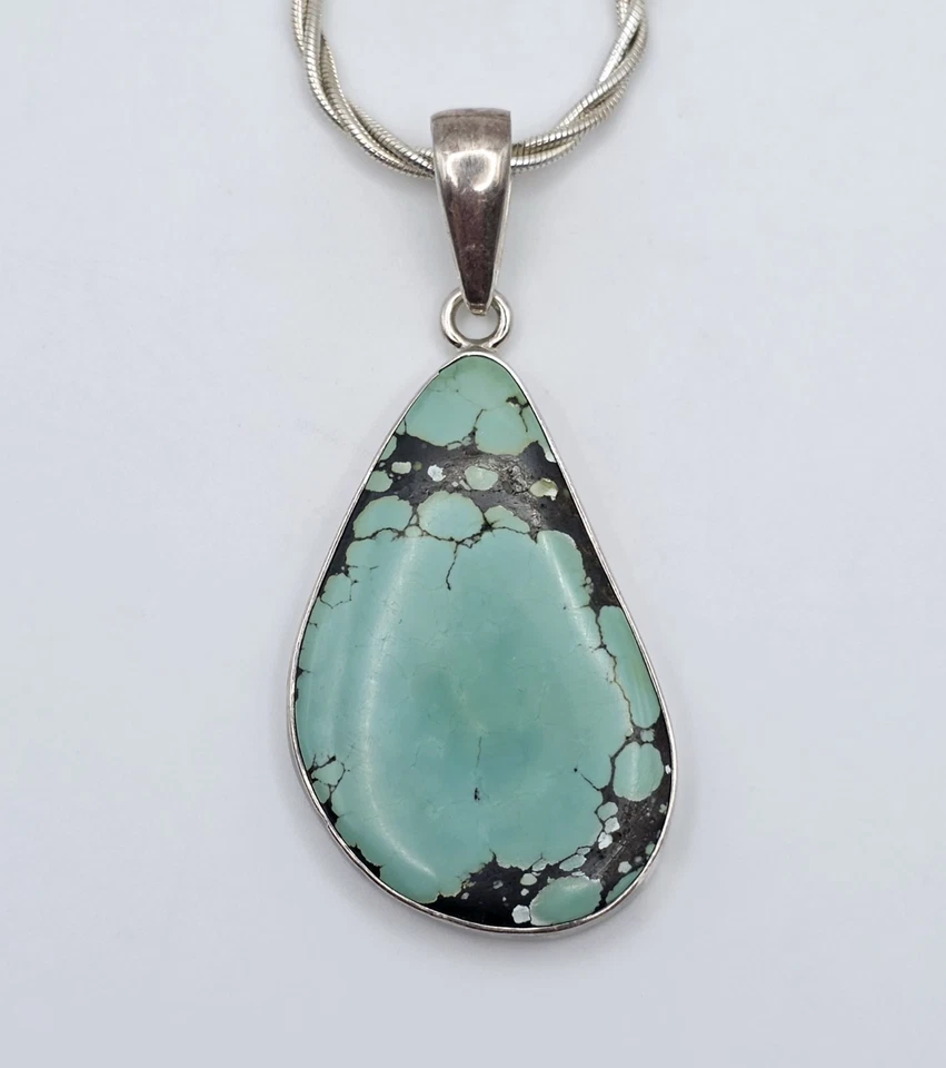 Vintage Charles Albert Sterling Silver Large Turquoise Pendant Necklace Native - Image 3 of 4