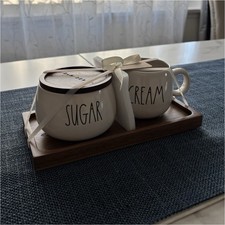 Rae Dunn White Ceramic Creamer Sugar Set with Tray, Lid, Farmhouse