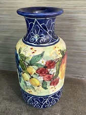 Vintage “Studio Arta “ 9 1/2” Italian Hand Painted Fruit Motif Vase