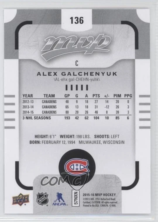2015-16 Upper Deck MVP Silver Script Short Print Alex Galchenyuk #136 - Image 2 of 2