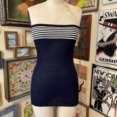 Vintage Virgule Dark Blue and White Acrylic Acetate Knit Tube Dress Size M/L