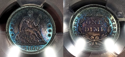 1850 P Seated Liberty Dime 10c PCGS MS 64 Stunning Blue Toning!!