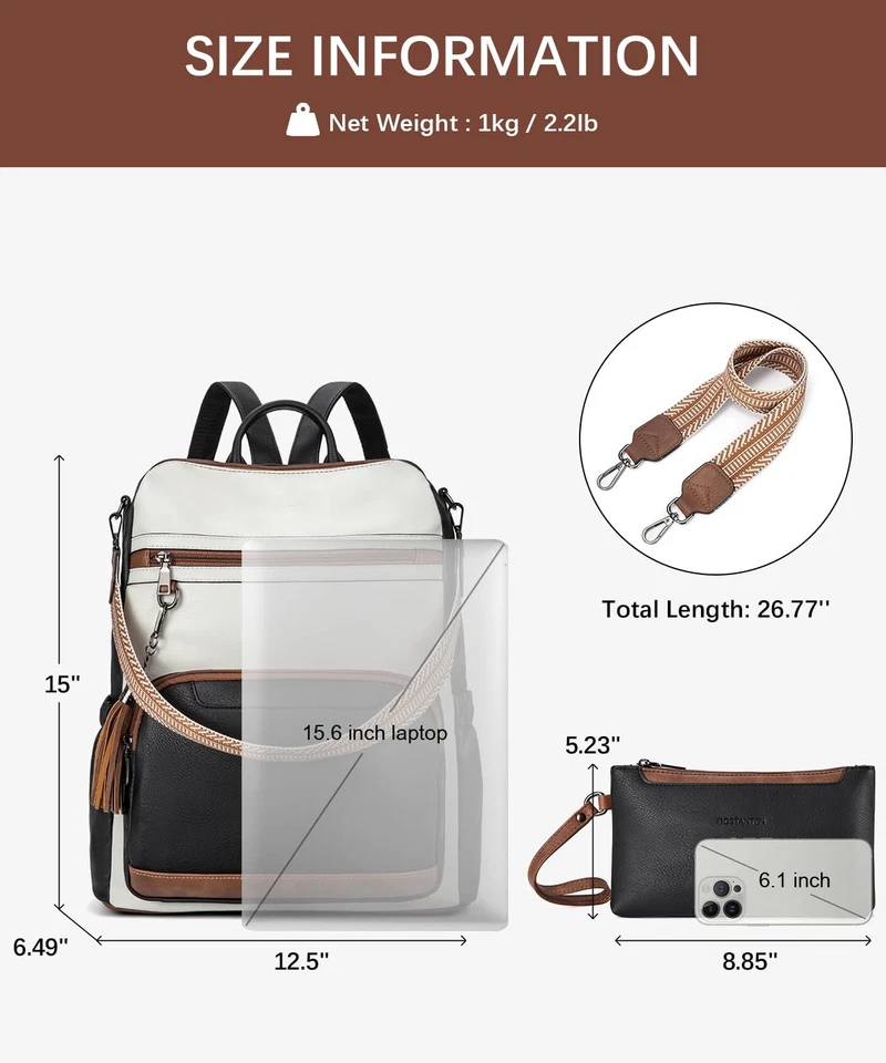 BOSTANTEN 皮革笔记本电脑背包女式设计师旅行背包带翻领... — 第 4/4 张图片