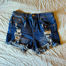 Almost Famous Women  s Denim Shorts Size 7 High Rise Distressed Cutoff Dark Wash