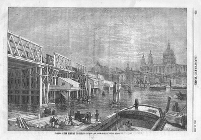 BLACKFRIARS Eisenbahnbrücke im Bau für den LCDR Antikdruck 1863